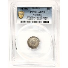 AUSTRALIA 1957 . THREEPENCE . ERROR . BROCKAGE . PCGS AU55